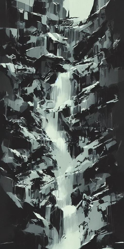 Image similar to eerie waterfall, ashley wood illustration