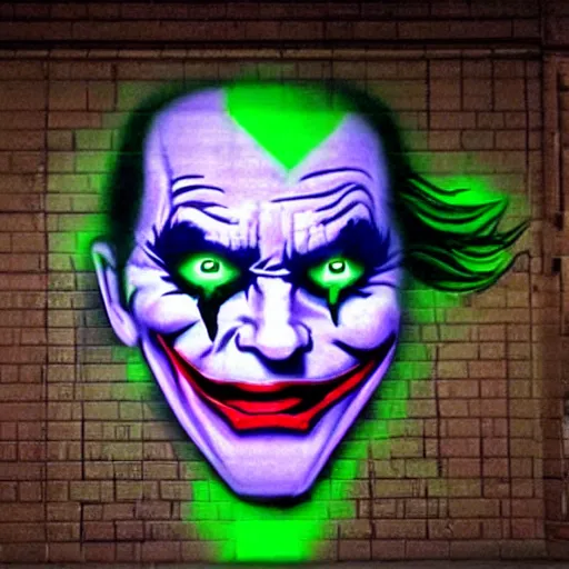 Image similar to florescent glowwave graffiti of the joker on a street wall, glow wave