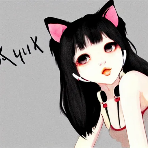 Image similar to realistic beautiful gorgeous buxom natural cute Blackpink Lalisa Manoban black hair cute fur black cat ears, wearing white camisole, headphones, black leather choker artwork drawn full HD 4K highest quality in artstyle by professional artists WLOP, Taejune Kim, Guweiz on Pixiv Artstation