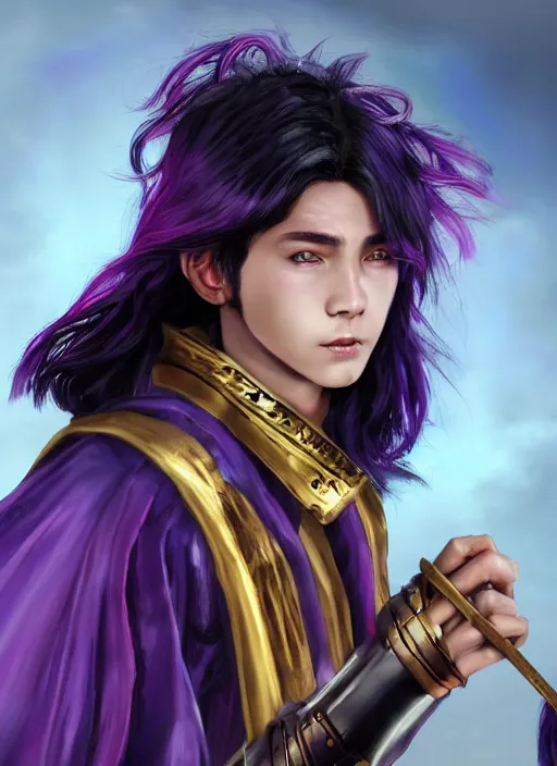 Image similar to An epic fantasy comic book style portrait painting of teenager boy with straight indigo hair, purple eyes with red eye markers, slim body, wearing a detailed Japanese kimono with golden armor pieces, holding a pair of fans. Unreal 5, DAZ, hyperrealistic, octane render, cosplay, RPG portrait, dynamic lighting