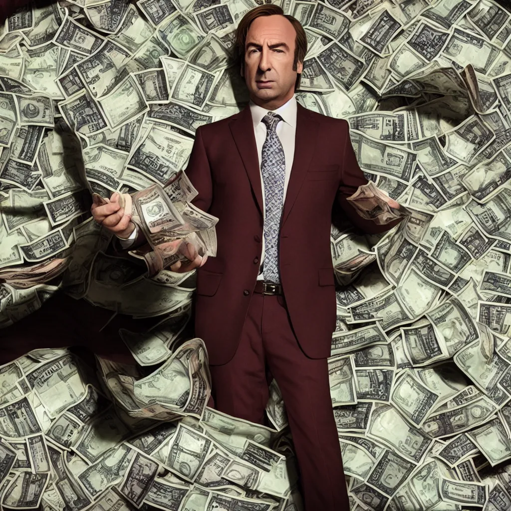 Prompt: saul goodman, better call saul, swimming in money, photo, 4 k