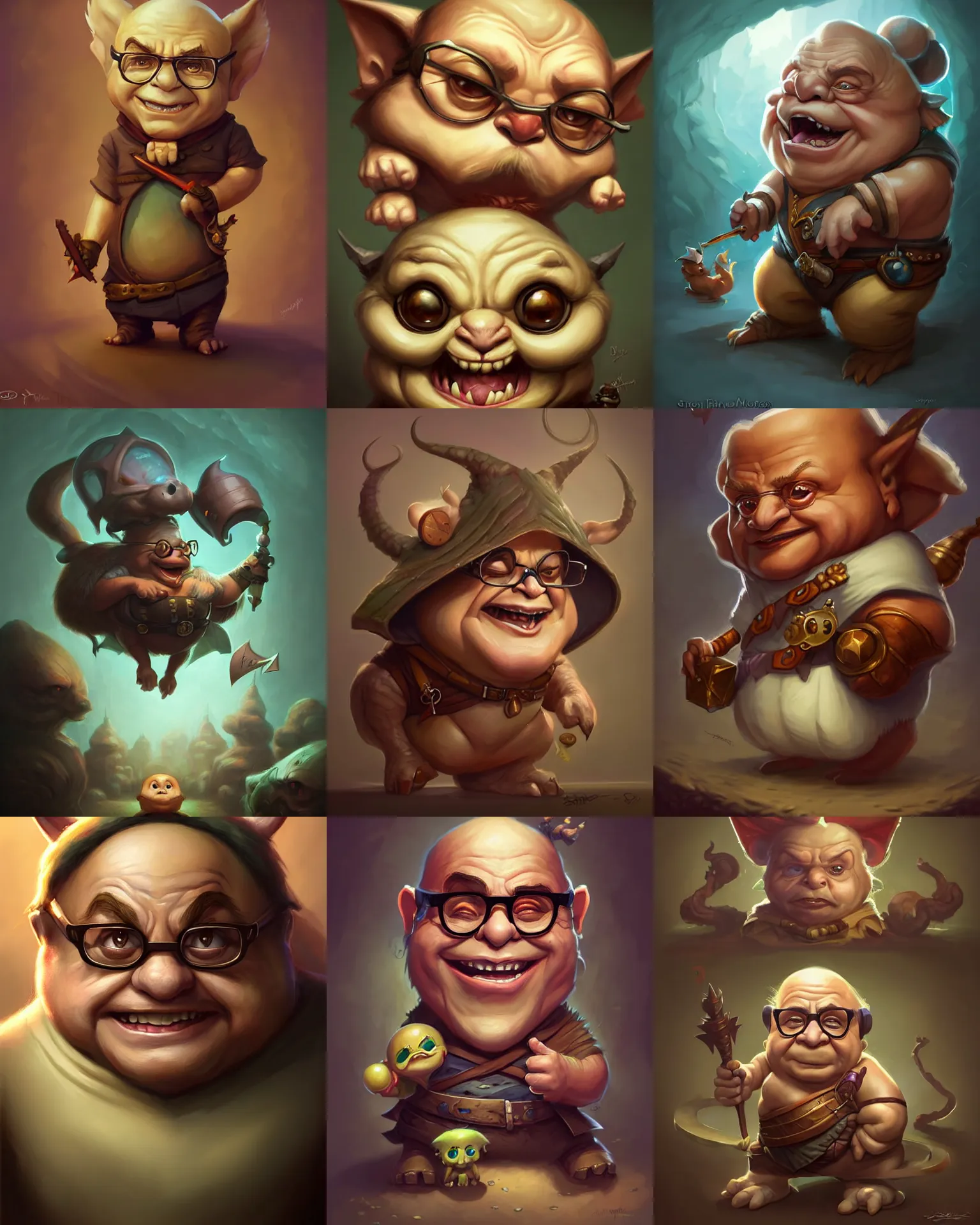 Prompt: cute little anthropomorphic danny devito cute and adorable, pretty, beautiful, dnd character art portrait, matte fantasy painting, deviantart artstation, by jason felix by steve argyle by tyler jacobson by peter mohrbacher, cinema