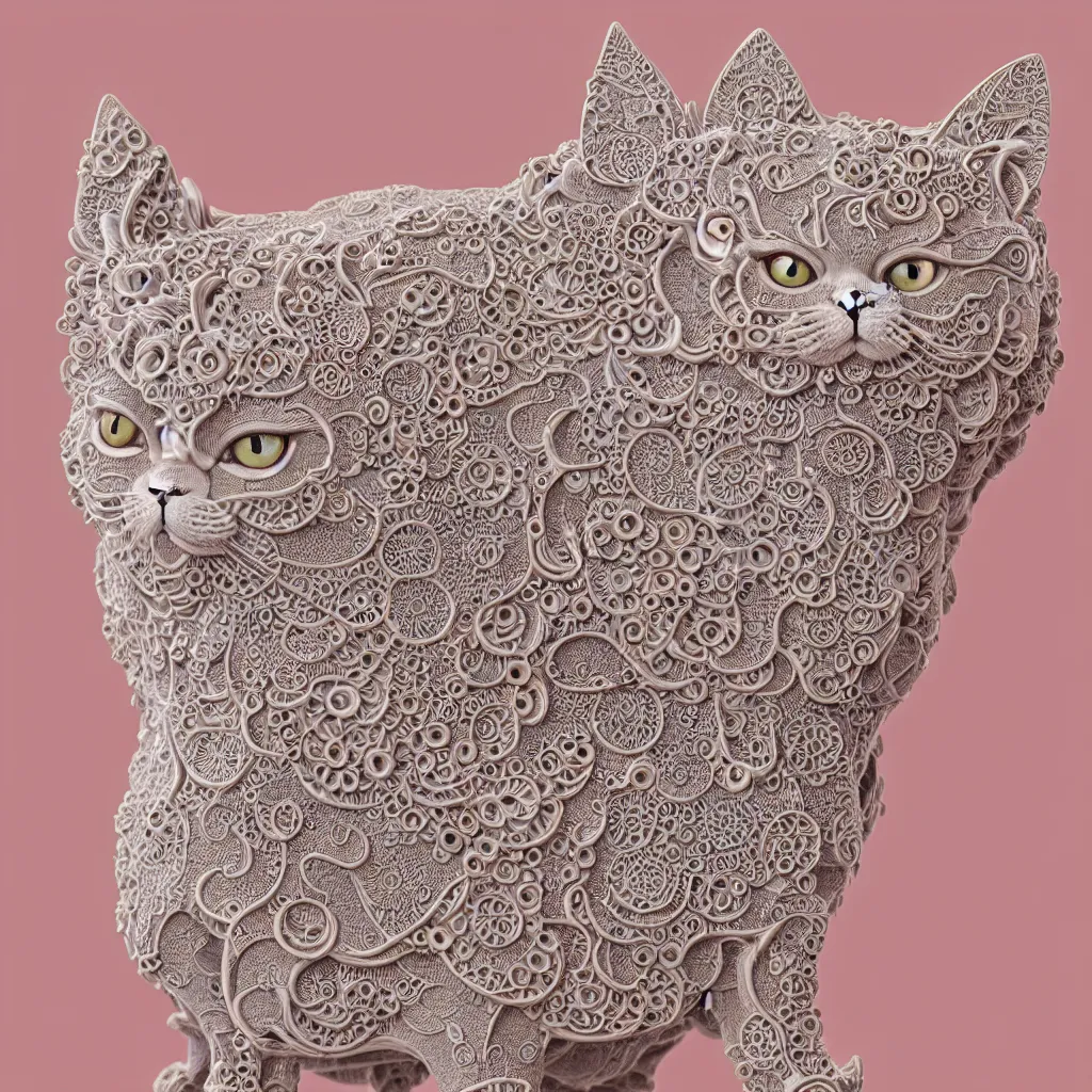 Prompt: a single close up photo - real delicate ceramic porcelain sculpture of an ornate symmetrical persian cat detailed in front of an intricate background by victo ngai and takato yamamoto, micro detail, backlit lighting, face in focus, subsurface scattering, translucent, thin porcelain, octane rendered, colorful, physically based rendering, japanese pottery, trending on cgsociety