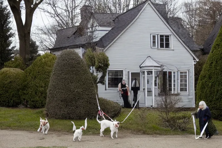 Prompt: the sour, dour, angry lady is walking her three tiny white dogs on leashes outside her green house. the old lady, glaring at the camera, exudes unpleasantness. the old lady shuffles around, looking down. she has gray hair. she is wearing a long gray cardigan and dark pants. large norway maple tree in foreground.