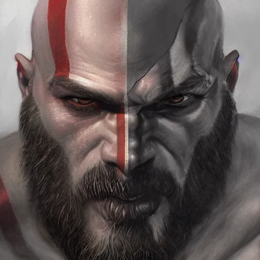 Prompt: The God of War Kratos, closeup character portrait art by Donato Giancola, Craig Mullins, digital art, trending on artstation