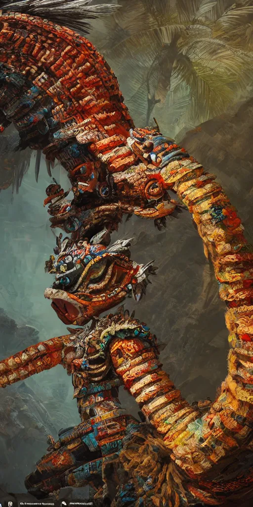 Image similar to detailed full body concept art illustration, oil painting on canvas of a mayan quetzalcoatl, biomutant, dystopian, micro detail, octane render, 4K