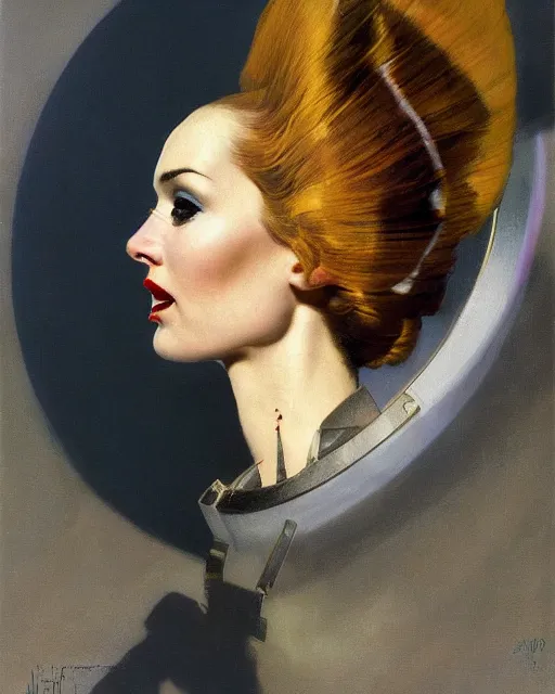 Image similar to head portrait of elegant space woman wearing monocle by norman rockwell, roberto ferri, daniel gerhartz, edd cartier, jack kirby, howard v brown, ruan jia, tom lovell, frank r paul, dean cornwell, astounding stories, amazing, fantasy, other worlds