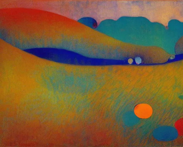 Image similar to A wild, insane, modernist landscape painting. Wild energy patterns rippling in all directions. Curves, organic, zig-zags. Saturated color. Mountains. Clouds. Rushing water. Waves. Psychedelic dream world. Odilon Redon.