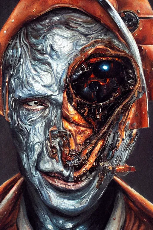 Image similar to oil painting, close-up, hight detailed, melting cyborg had half his face cut off, in style of 80s sci-fi art, neodada