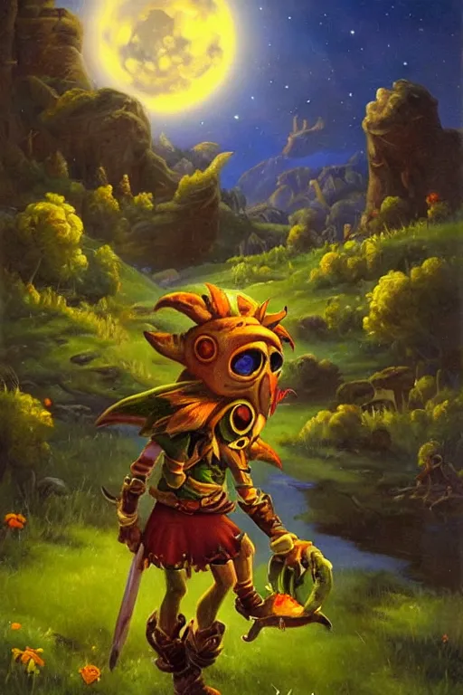 Image similar to asher brown durand oil painting on canvas hyrule skullkid in majoras mask with the moon in the sky