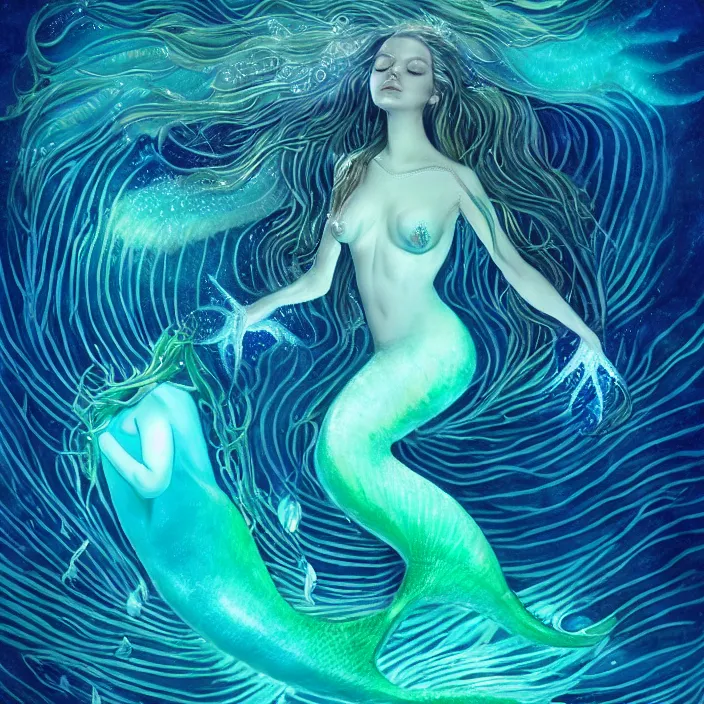 Prompt: a beautiful mermaid with divine feminine energy pouring out of her soul, underwater, bioluminescence, hyper - realistic, extremely detailed