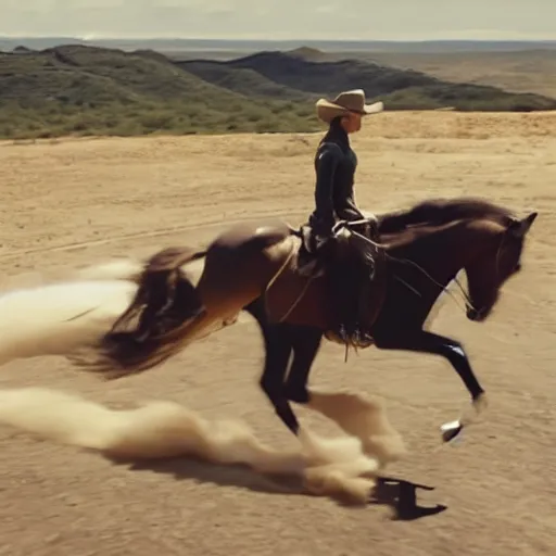 Prompt: high quality screenshot from a film, a horse riding at supersonic speeds, from the tv show westworld