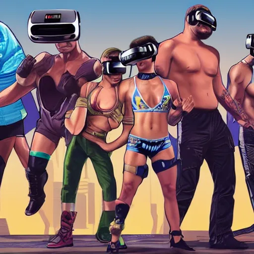 Image similar to wrestler characters wearing vr goggles, gta cover, apex legends trending on artstation, digital illustration