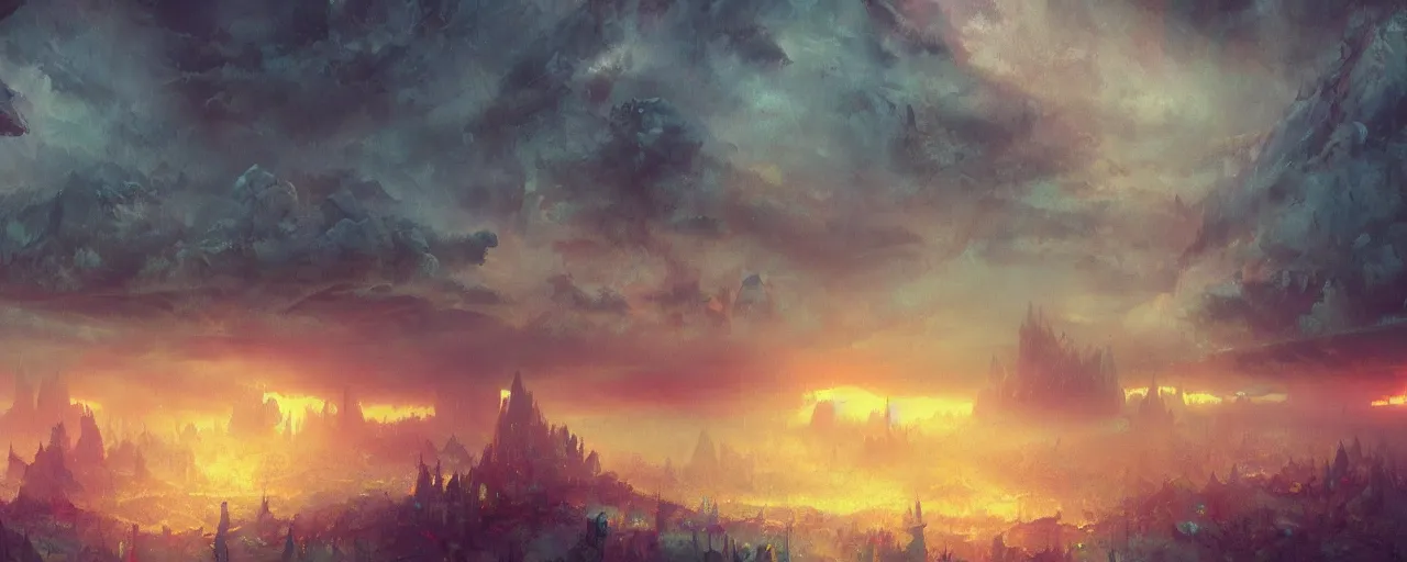 Image similar to ” epic clouds and dense fog, [ cinematic, detailed, epic, widescreen, opening, establishing, mattepainting, photorealistic, realistic textures, octane render, art by paul lehr ] ”