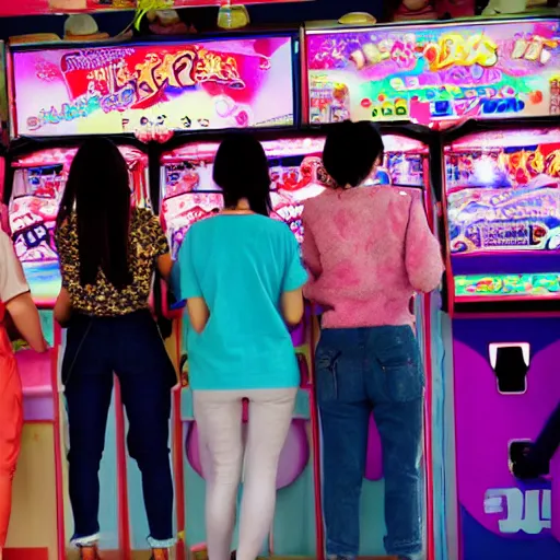 Image similar to a bunch of people at a japanese arcade pastel colors