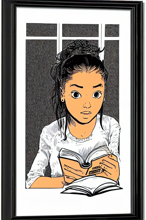 Image similar to a portrait of a girl reading a book, highly detailed, by frank miller, masterpiece, sharp focus, cinematic lightning