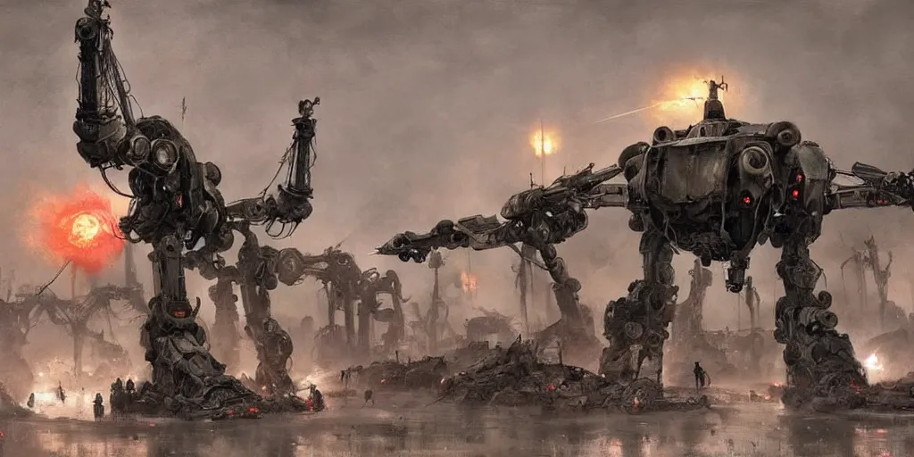 Prompt: war of the worlds, giant mech, human soldiers, intense fighting, glowing lights! digital painting, very detailed, art by jakub rozalski