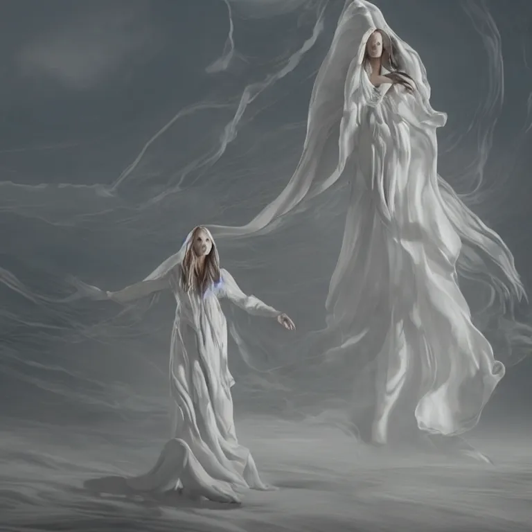 Image similar to octane render portrait by wayne barlow and carlo crivelli and glenn fabry, a woman wearing a giant huge long flowing billowing sheet of white silk, standing in a dark and moody beautiful western landscape, volumetric lighting, fog and mist, cinema 4 d, ray traced lighting, very short depth of field, bokeh