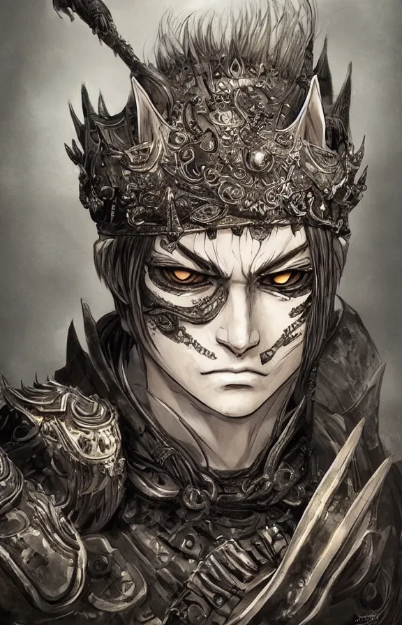 Prompt: an concept art of the cat king, pale hair, one eye, intricate details, detailed face, detailed armour, artstation, epic pose, ambient light, by eiichiro oda