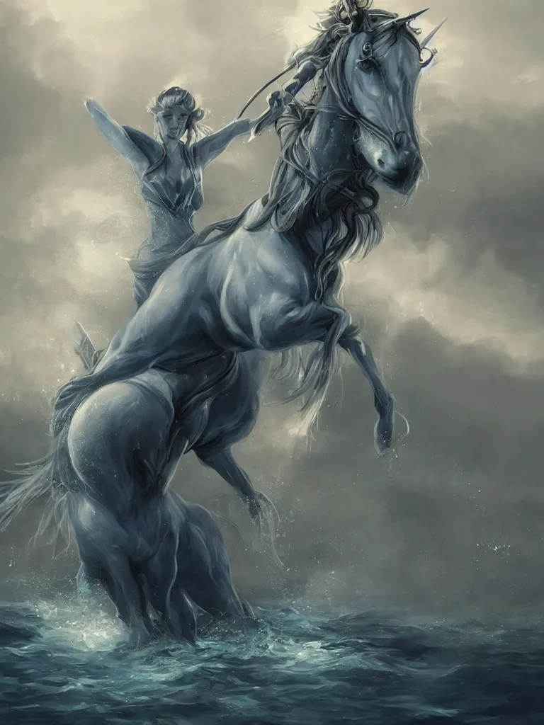 Image similar to a vintage photo of a sad maiden riding on the unicorn in the river, gloomy, strong subsurface scattering, cobalt blue, symmetrical, highly detailed, digital painting, artstation, painted by stjepan sejic, concept art, smooth, sharp focus, illustration, cinematic lighting, 8 k resolution