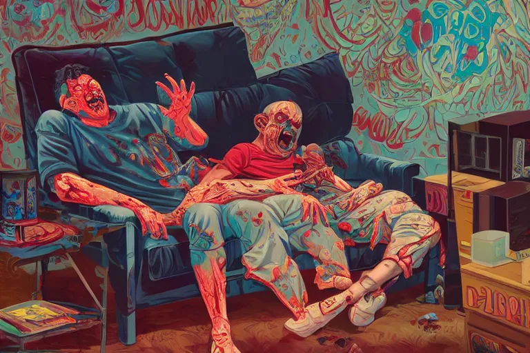 Image similar to a zombie dad on the couch, Tristan Eaton, victo ngai, artgerm, RHADS, ross draws