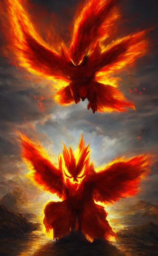 Image similar to moltres pokemon playing as master chief, oil on canvas, intricate, 8 k highly professionally detailed, hdr, cgsociety