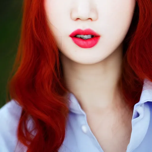 Image similar to Close up photo of the left side of the head of a young beautiful redhead korean woman with gorgeous blue eyes, beautiful white teeth and wavy long red hair, red detailed lips and freckles who looks directly at the camera. Slightly open mouth. Whole head visible and covers half of the frame, with a park visible in the background. 135mm nikon.