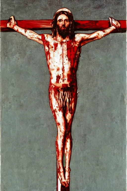 Image similar to bloody jesus christ crucified painted by cy twombly and andy warhol