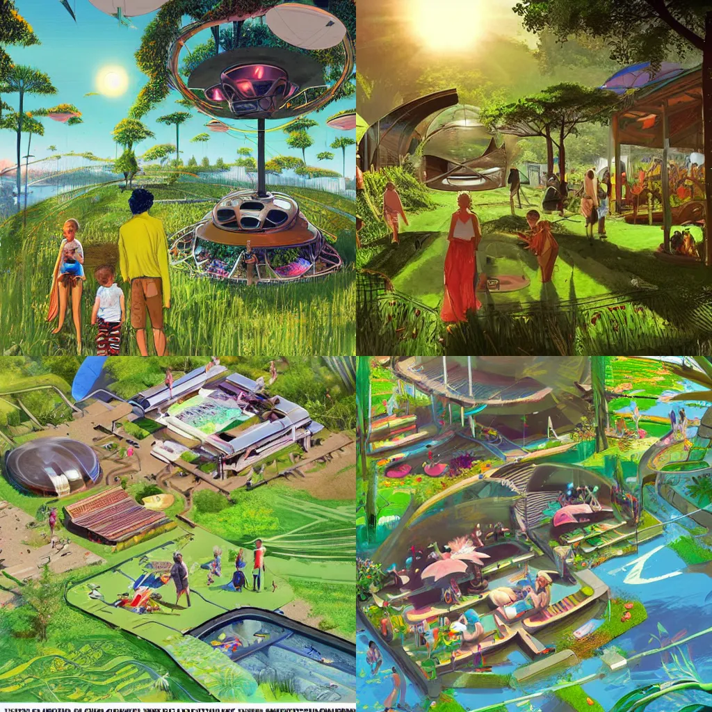 Prompt: happy families in sunny solarpunk high - tech nature - symbiotic commune of joy and sun. beautiful concept art