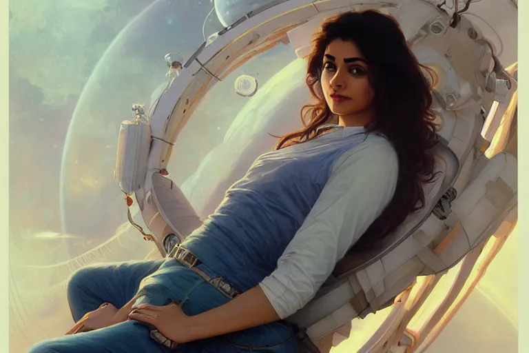 Image similar to Sensuous good looking pale young Indian doctors wearing jeans in a space station above Earth, portrait, elegant, intricate, digital painting, artstation, concept art, smooth, sharp focus, illustration, art by artgerm and greg rutkowski and alphonse mucha