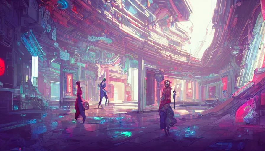 Image similar to a digital painting of a woman exploring a temple, cyberpunk art by james jean, cgsociety, retrofuturism, anime aesthetic, chromatic, iridescent