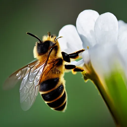 Prompt: a award - winning macro photography of a bee drinking honey, sigma 8 5 mm f / 2