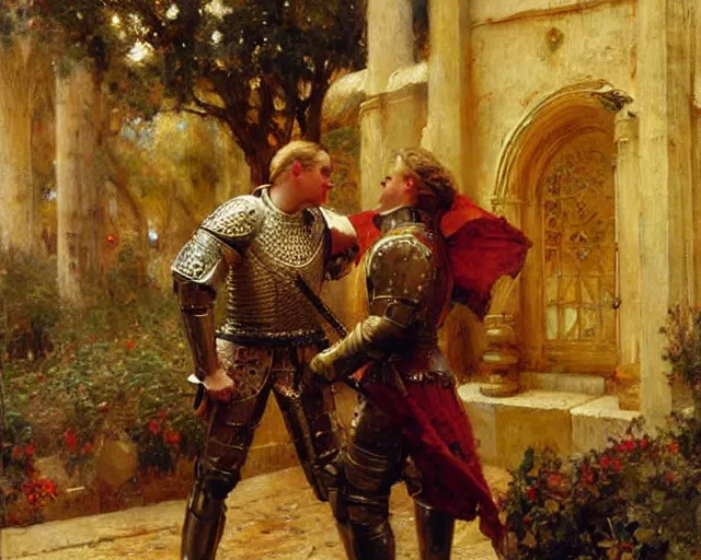 Prompt: arthur pendragon flirting wit his knight. the knight is also flirting back, highly detailed painting by gaston bussiere, craig mullins, j. c. leyendecker