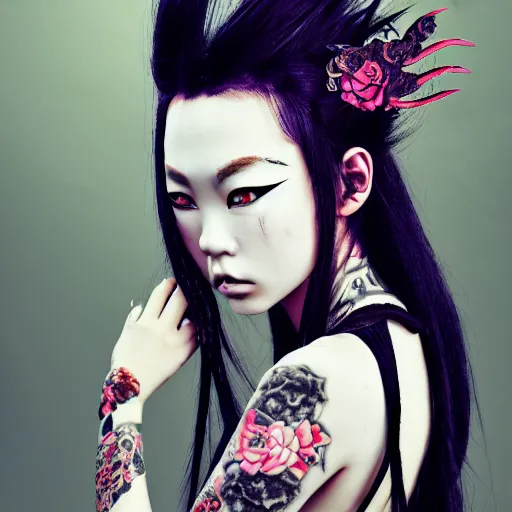 Image similar to japanese gothic model with maximalist hair style and kanji tattoos, dark colors, fashion model, portrait shot, depth of field, 8 k, hyper detailed, intricate, trending on artstation