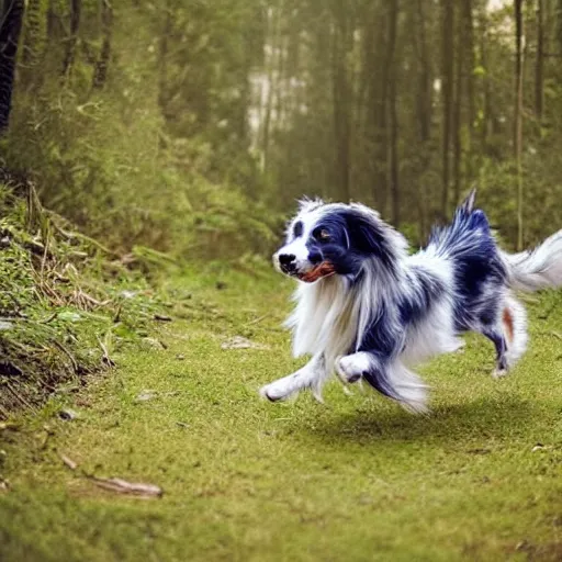 Image similar to blue Merle australian Shepard running through a forest, photography, hyper realistic