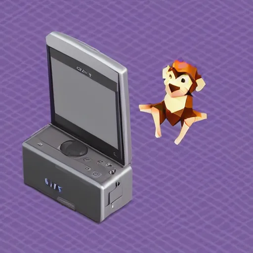 Prompt: isometric cute low - poly monkey using a sony walkman, isometric, cute