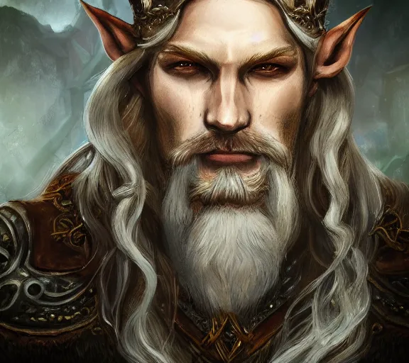Image similar to Portrait of a powerful Elven King in the style of Icewind Dale portraits; masterpiece; trending on artstation; f/1.4; 90mm