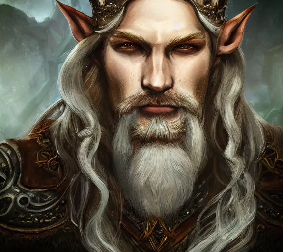 Prompt: Portrait of a powerful Elven King in the style of Icewind Dale portraits; masterpiece; trending on artstation; f/1.4; 90mm