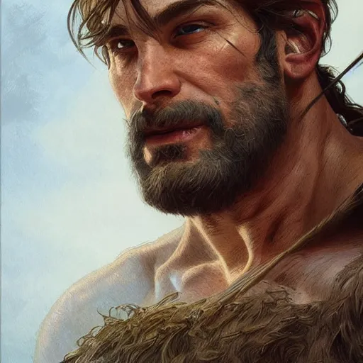 Image similar to portrait of a rugged ranger, muscular, upper body, hairy torso, d & d, fantasy, intricate, elegant, highly detailed, digital painting, artstation, concept art, smooth, sharp focus, illustration, art by artgerm and greg rutkowski and alphonse mucha