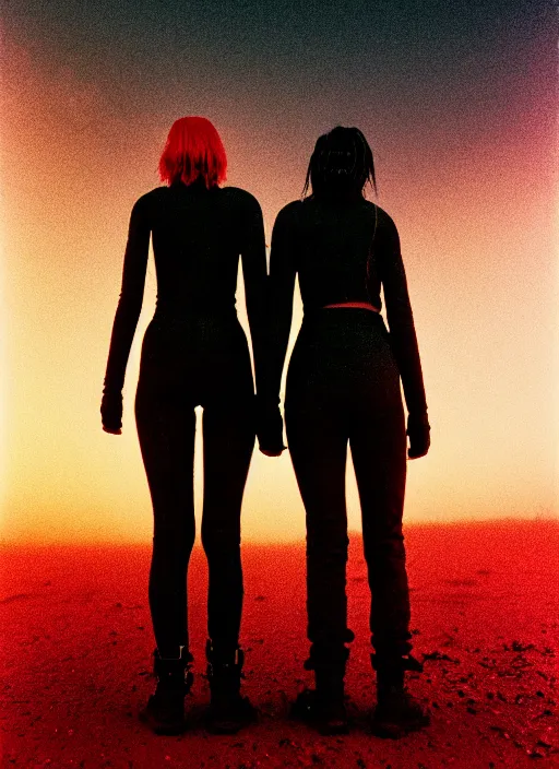 Image similar to cinestill 5 0 d photographic portrait of two loving female androids wearing rugged black techwear on a desolate plain with a red sky, extreme closeup, lizard on ground, cyberpunk style, in front of a brutalist dark metal facility, dust storm, 8 k, hd, high resolution, 3 5 mm, f / 3 2, ultra realistic faces