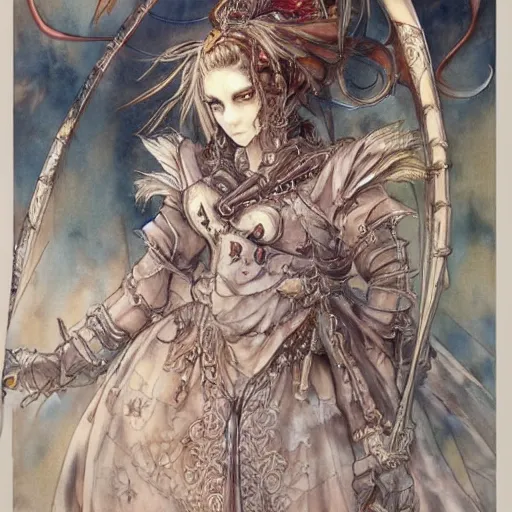 Prompt: character concept art, beautiful, elegant, highly detailed, fantasy, baroque, medieval, watercolor, yoshitaka amano, ayami kojima