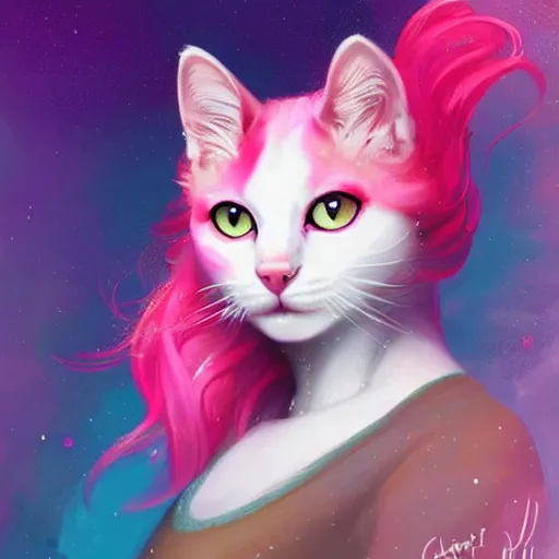 Image similar to colorful and festive cat with pink hair,. rich vivid colors, ambient lighting, dynamic lighting, 4 k, atmospheric lighting, painted, intricate, highly detailed by charlie bowater