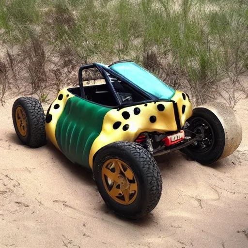 Prompt: a dune buggy that looks like an ankylosaurus