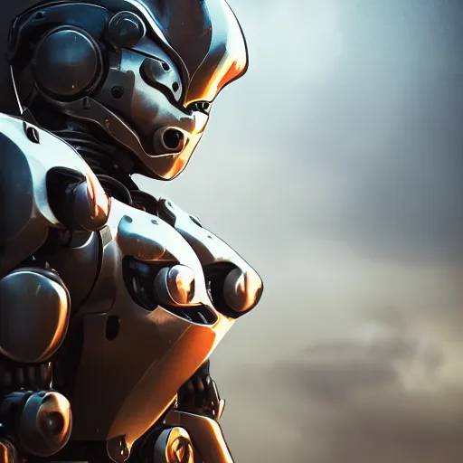 Image similar to cat in a mecha armor, moody lighting, 8 k, shallow depth of field, cinematic lighting,