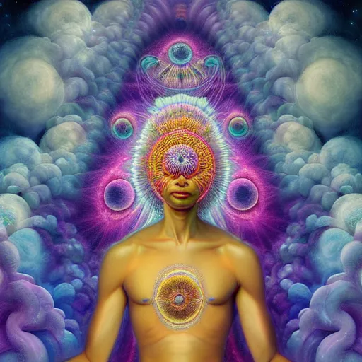 Image similar to obatala the cosmic god sitting in a cabana made of nebula clouds, by Adi granov and afarin sajedi and amanda sage and evgeni gordiets and Agostino Arrivabene in a psychedelic portrait style, ultrarealistic matte painting, volumetric lighting, fractal, extremely symmetrical, highly detailed face, orisha, 8k, hd