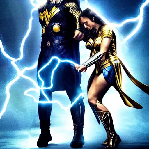 Image similar to thor and wonder woman in new york, fighting against villain electro, cinematic movie scene, epic fight, blue lightning, yellow lightning, photo, effects shot