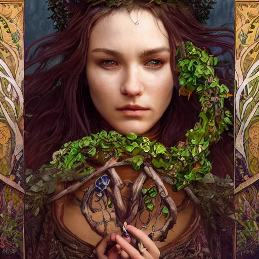 Image similar to a woman druid wearing leaf and vine themed clothing, fully clothed, pet animal, D&D, fantasy, intricate, cinematic lighting, highly detailed, digital painting, artstation, concept art, smooth, sharp focus, illustration, art by Artgerm and Greg Rutkowski and Alphonse Mucha, subject in the middle of the frame