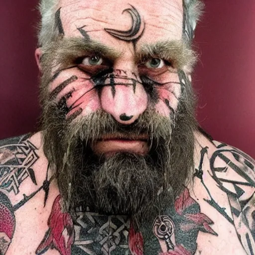 Prompt: old angry scarred whitebearded dwarf, wearing wolf pelt, runic geometry tattoos on face