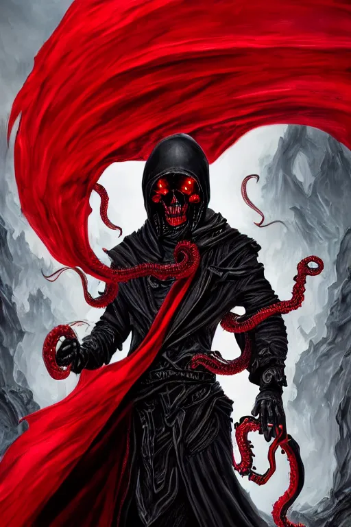 Image similar to A full body portrait of a mysterious character with a stylized skull with a very long hooded blood red and black cloak, tentacles coming out the ground art by Shaddy Safadi and Jason Chan, ominous, cosmic horror, trending on artstation, Ultra detailed, hyper realistic 4k