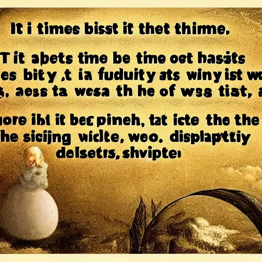 Prompt: It was the best of times, it was the worst of times, it was the age of wisdom, it was the age of foolishness, it was the epoch of belief, it was the epoch of incredulity, it was the season of Light, it was the season of Darkness, it was the spring of hope, it was the winter of despair.